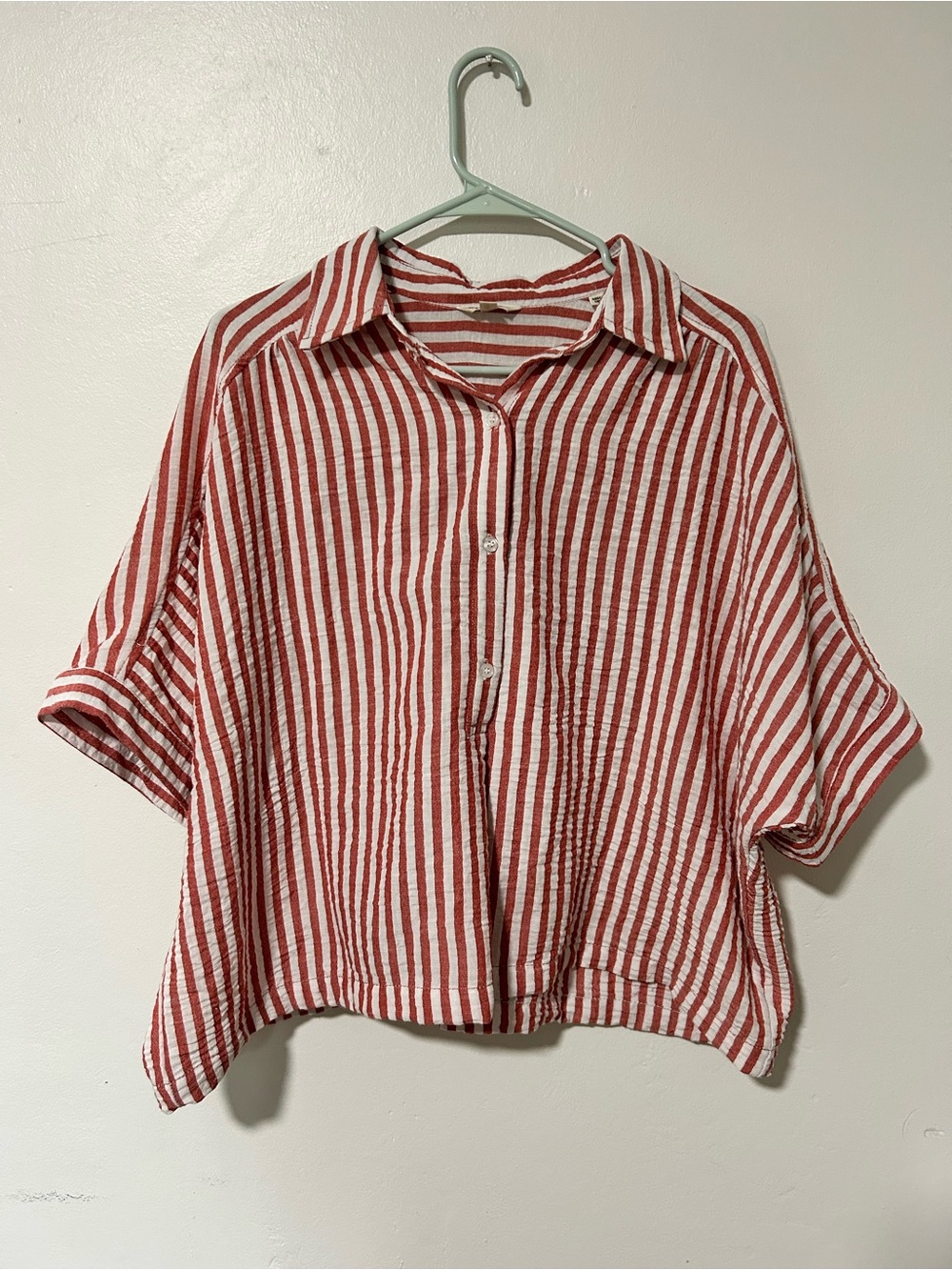 Max Studio Red and White Striped Button-Front Crop Top
